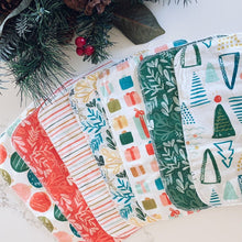 Load image into Gallery viewer, Christmas paperless towel set, ornaments, stripes, christmas trees, green and red, gifts, presents, set of 7 3-ply birdseye reusable towels, paper towel replacement, zero waste home, green cleaning, housecleaning, money saving reusable, reduce reuse recycle, reducing household waste, compostable cleaning items, washable cotton towel, thin cloth wipe