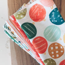 Load image into Gallery viewer, Christmas paperless towel set, ornaments, stripes, christmas trees, green and red, gifts, presents, set of 7 3-ply birdseye reusable towels, paper towel replacement, zero waste home, green cleaning, housecleaning, money saving reusable, reduce reuse recycle, reducing household waste, compostable cleaning items, washable cotton towel, thin cloth wipe