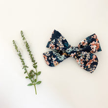 Load image into Gallery viewer, Rust Fall Floral Bows, Boho Fabric Bow Clips or Headbands, Classic Navy Pinwheel Set, Terracotta Gingham Check Bow, Copper Wildflower Bow, handmade fabric bows, boho style baby hair bows, burnt orange gingham check bow, navy floral hair bow, burnt orange floral vintage style hair bow, family pictures hair bow, school pictures hair bow, baby hair clips, handmade in the USA, made in the USA, stocking stuffer for girl, baby shower gift for girl, baby shower prize for girl