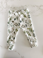 Load image into Gallery viewer, elastic waist organic toddler leggings in gender neutral eucalyptus leaves print. Handmade casual children's clothes by Hammer & Thread.