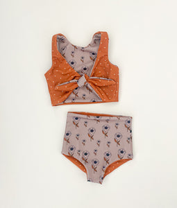 Sunflower + Hearts Two-Piece Swimsuit with Reversible Top and Reversible Bottoms