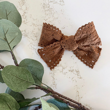 Load image into Gallery viewer, rust brown earth tone lace hair bow for girl
