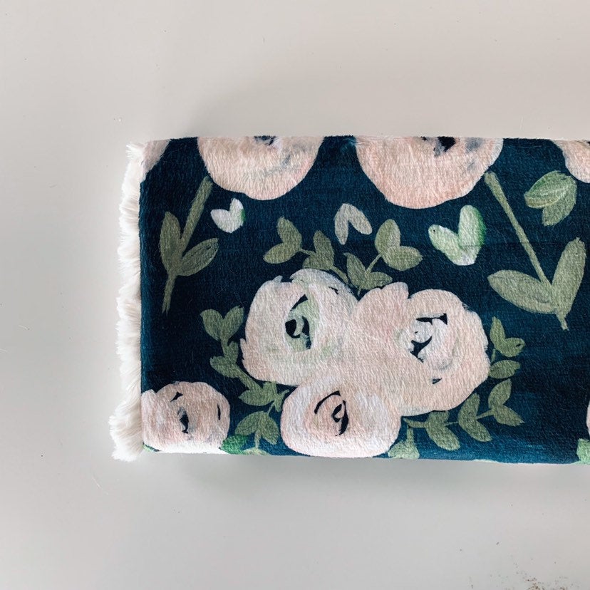 Navy and Blush Watercolor Floral Faux Fur Baby Blanket