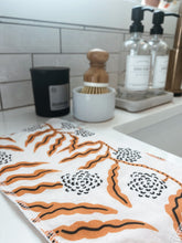 Load image into Gallery viewer, golden vine print handmade paperless towel displayed next to sink for eco-friendly homes and zero-waste families
