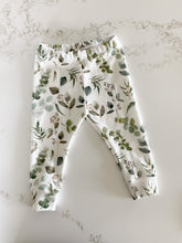 Load image into Gallery viewer, elastic waist organic toddler leggings in gender neutral eucalyptus leaves print. Handmade casual children&#39;s clothes by Hammer &amp; Thread.
