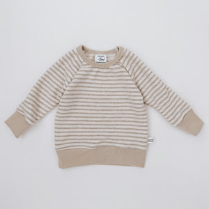 neutral striped oatmeal pullover, tan striped raglan sweatshirt, gender neutral toddler long sleeved shirt, mix and match kids clothes, small shop made in the USA