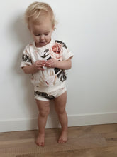 Load image into Gallery viewer, toddler girl wearing tropical boho print summer set includong handmade drop sleeve crop pullover and bummies with retro details
