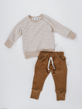 Load image into Gallery viewer, toddler boy outfit, neutral toddler girl outfit, tan jogger sweatpants, oat striped raglan pullover, kids handmade sweatshirt, toddler fashion inspo, small shop kids clothes
