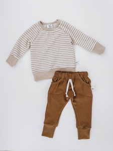 toddler boy outfit, neutral toddler girl outfit, tan jogger sweatpants, oat striped raglan pullover, kids handmade sweatshirt, toddler fashion inspo, small shop kids clothes